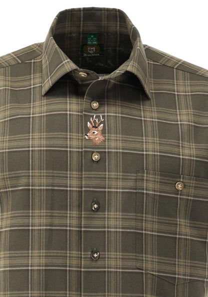OS Trachten Men's Short-Sleeve Jagd Shirt — Loden Check with Stag