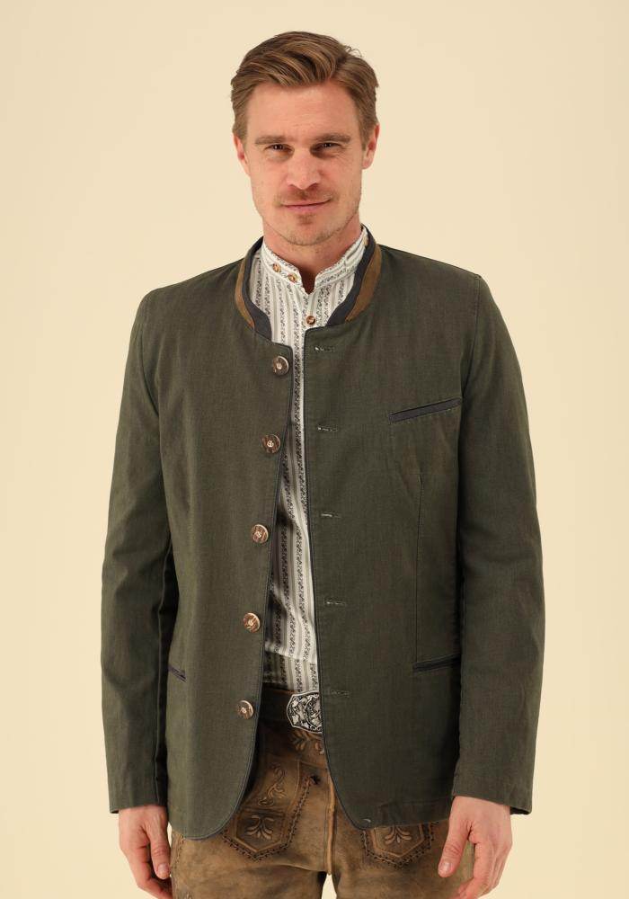 Gipfelstürmer Traditional Slim Fit Jacket "Bolago" in green with stand-up collar and staghorn-effect buttons.