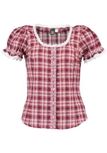 OS Trachten Women's Ruffled Dirndl Blouse — Red Check