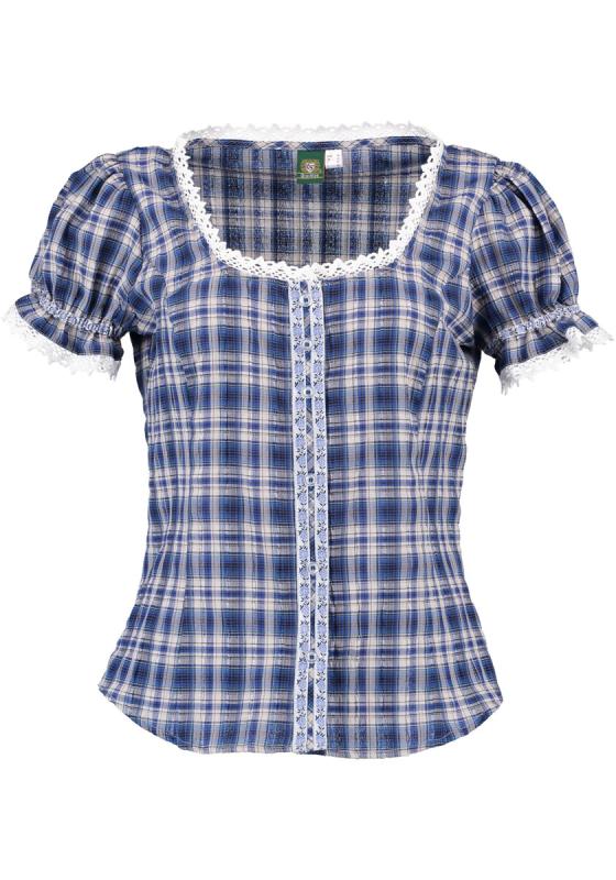 OS Trachten Women's Ruffled Dirndl Blouse — Blue Check