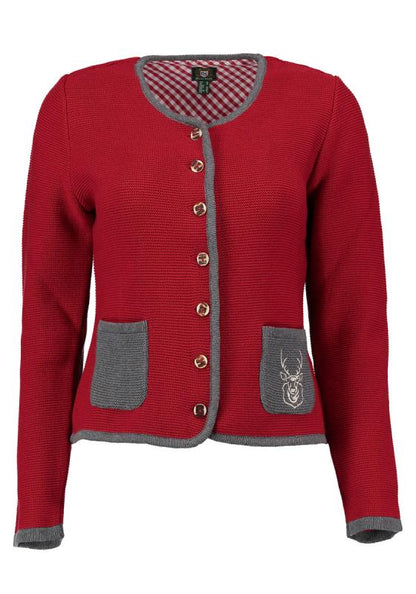 OS Trachten Women's Cardigan — Traditional Deer Embroidery- red