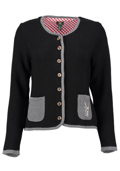 OS Trachten Women's Cardigan — Traditional Deer Embroidery- black