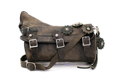 Swiss Army Combat Leather Gaiter Bag with Triple-Buckle Closure & Dimensional Floral Studs
