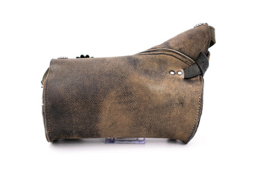 Swiss Army Combat Leather Gaiter Bag with Triple-Buckle Closure & Dimensional Floral Studs