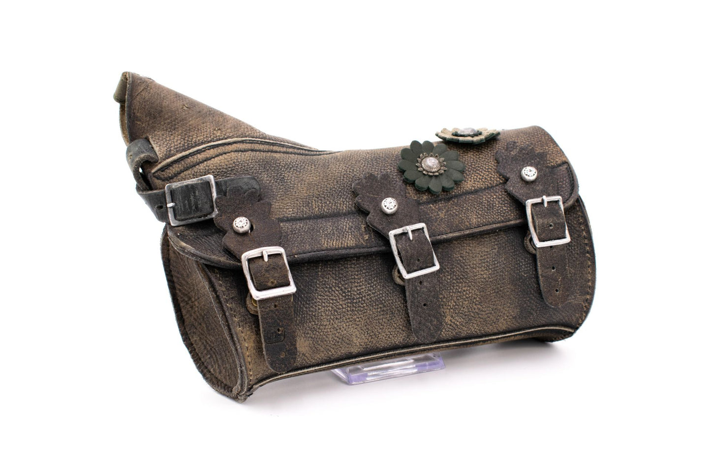 Swiss Army Combat Leather Gaiter Bag with Triple-Buckle Closure & Dimensional Floral Studs