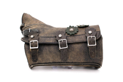 Swiss Army Combat Leather Gaiter Bag with Triple-Buckle Closure & Dimensional Floral Studs