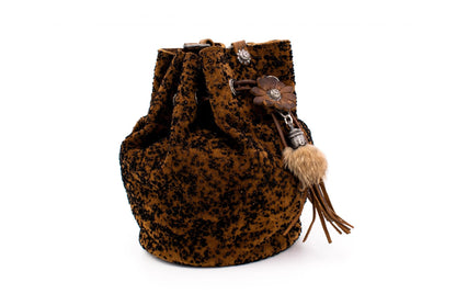 Austrian Suede Pompadour Drawstring Pouch with Floral Element & Fur Tassels