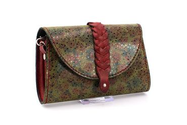 Austrian Red & Green Patterned Tapestry Purse with Braided Leather Accent & Chain Strap