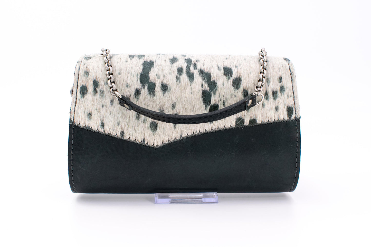 Austrian Petrol Blue Leather Handheld Evening Clutch with Speckled Cowhide Fur