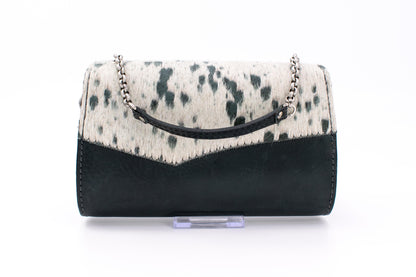 Austrian Petrol Blue Leather Handheld Evening Clutch with Speckled Cowhide Fur