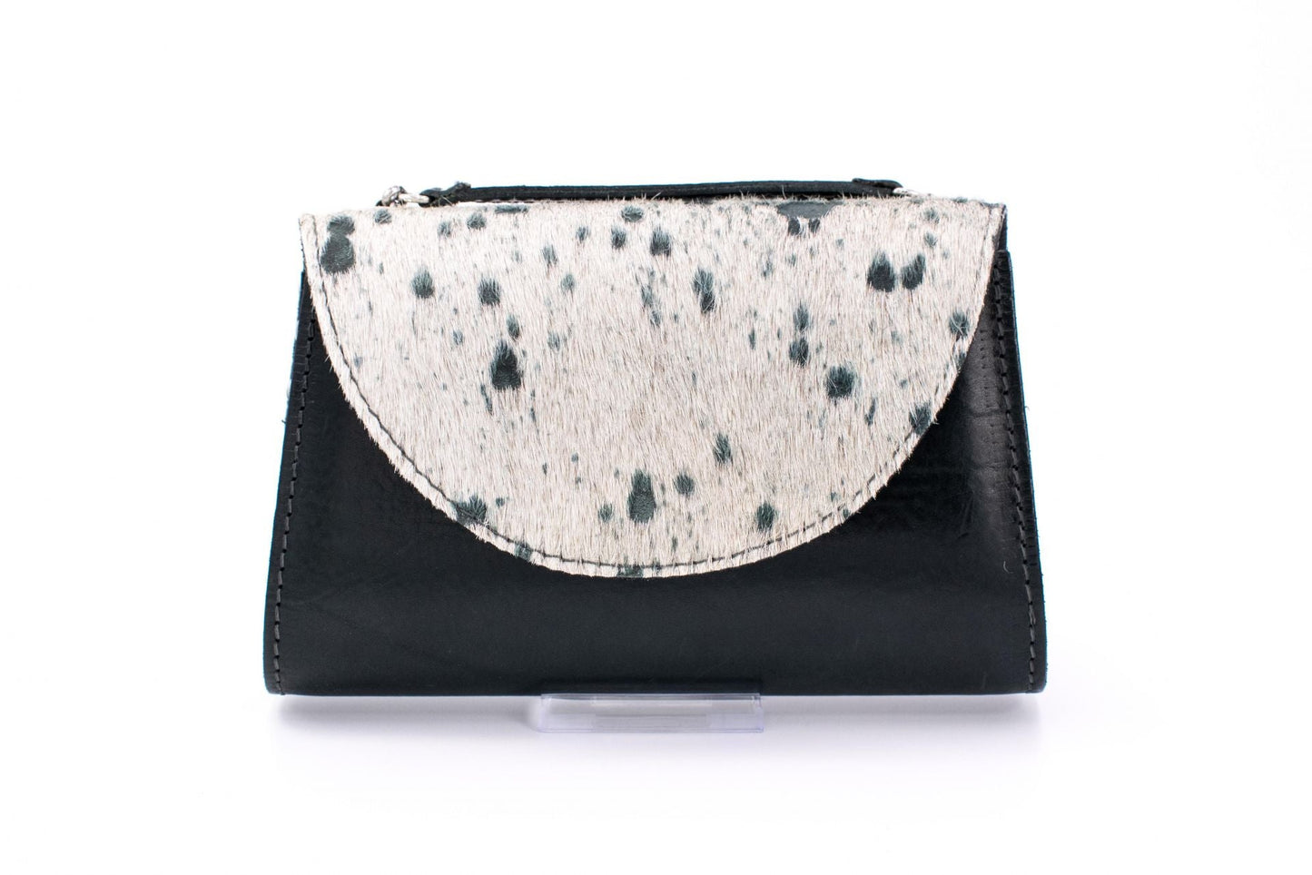 Austrian Petrol Blue Leather Handheld Evening Clutch with Speckled Cowhide Fur