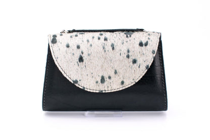 Austrian Petrol Blue Leather Handheld Evening Clutch with Speckled Cowhide Fur