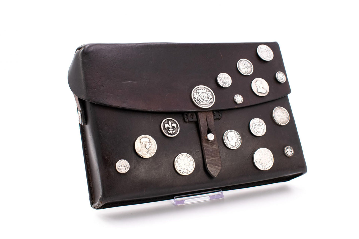 Swiss Army Leather Map Case Document Bag with Crossbody Strap & Antique Silver Coin Appliqués