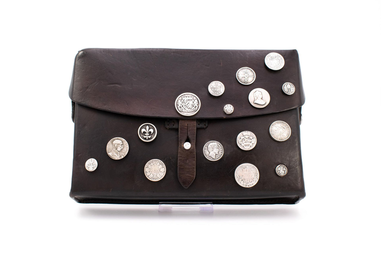 Swiss Army Leather Map Case Document Bag with Crossbody Strap & Antique Silver Coin Appliqués