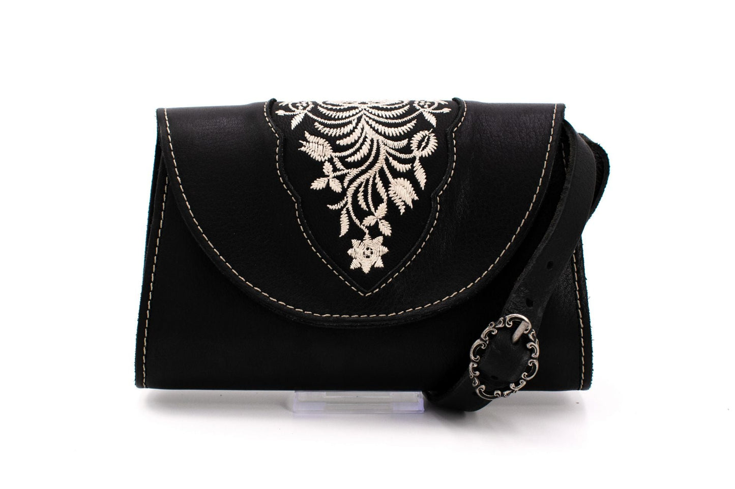Austrian Structured Black Clutch Purse with Silver Floral Embroidery & Ornate Strap