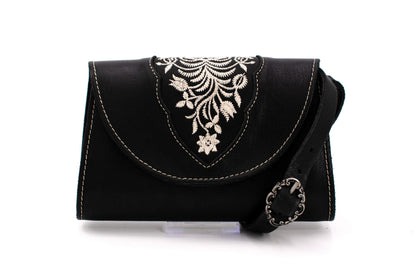 Austrian Structured Black Clutch Purse with Silver Floral Embroidery & Ornate Strap