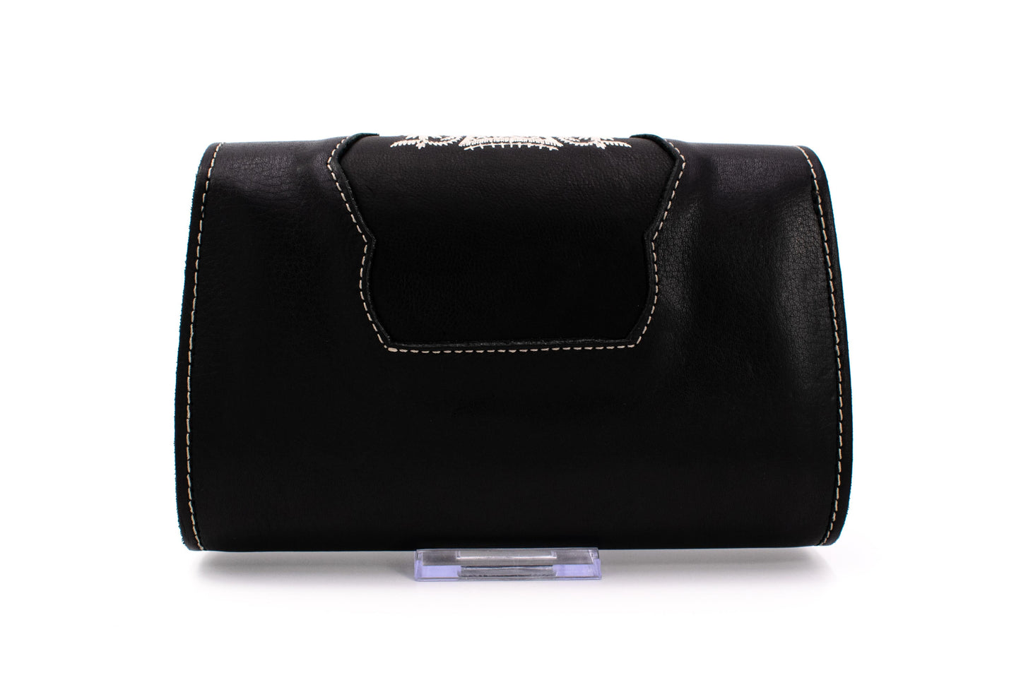Austrian Structured Black Clutch Purse with Silver Floral Embroidery & Ornate Strap
