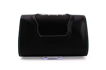 Austrian Structured Black Clutch Purse with Silver Floral Embroidery & Ornate Strap