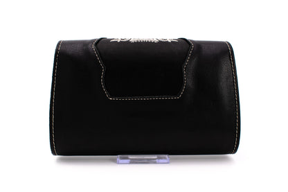 Austrian Structured Black Clutch Purse with Silver Floral Embroidery & Ornate Strap