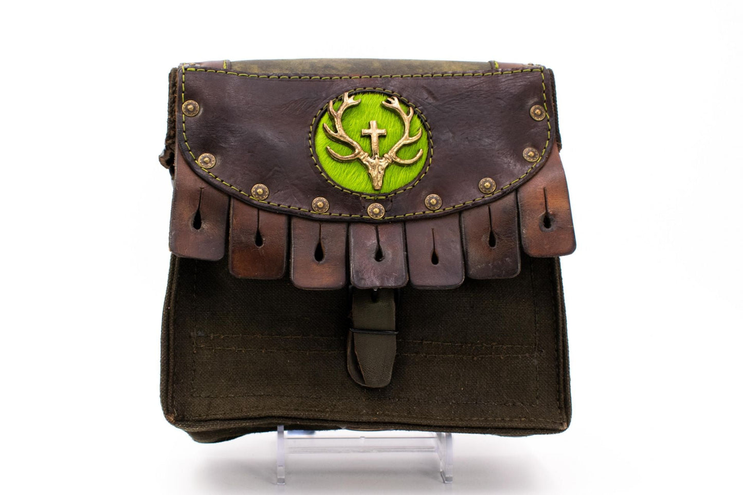 Vintage French Radio Operator Style Shoulder Purse with Golden Stag Appliqué & Rifle Strap