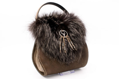 Austrian Brown Heritage Evening Bag with Dark Fur and Ornamental Deer Appliqué
