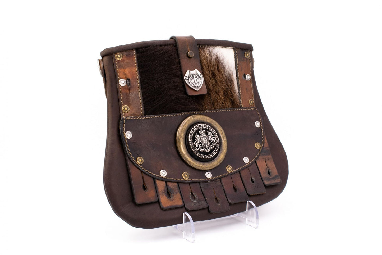 Austrian Leather Kilt Waist Bag with Fur, Heritage Crest & Traditional Tassels