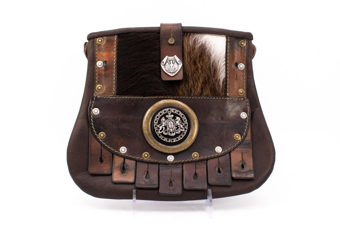 Austrian Leather Kilt Waist Bag with Fur, Heritage Crest & Traditional Tassels