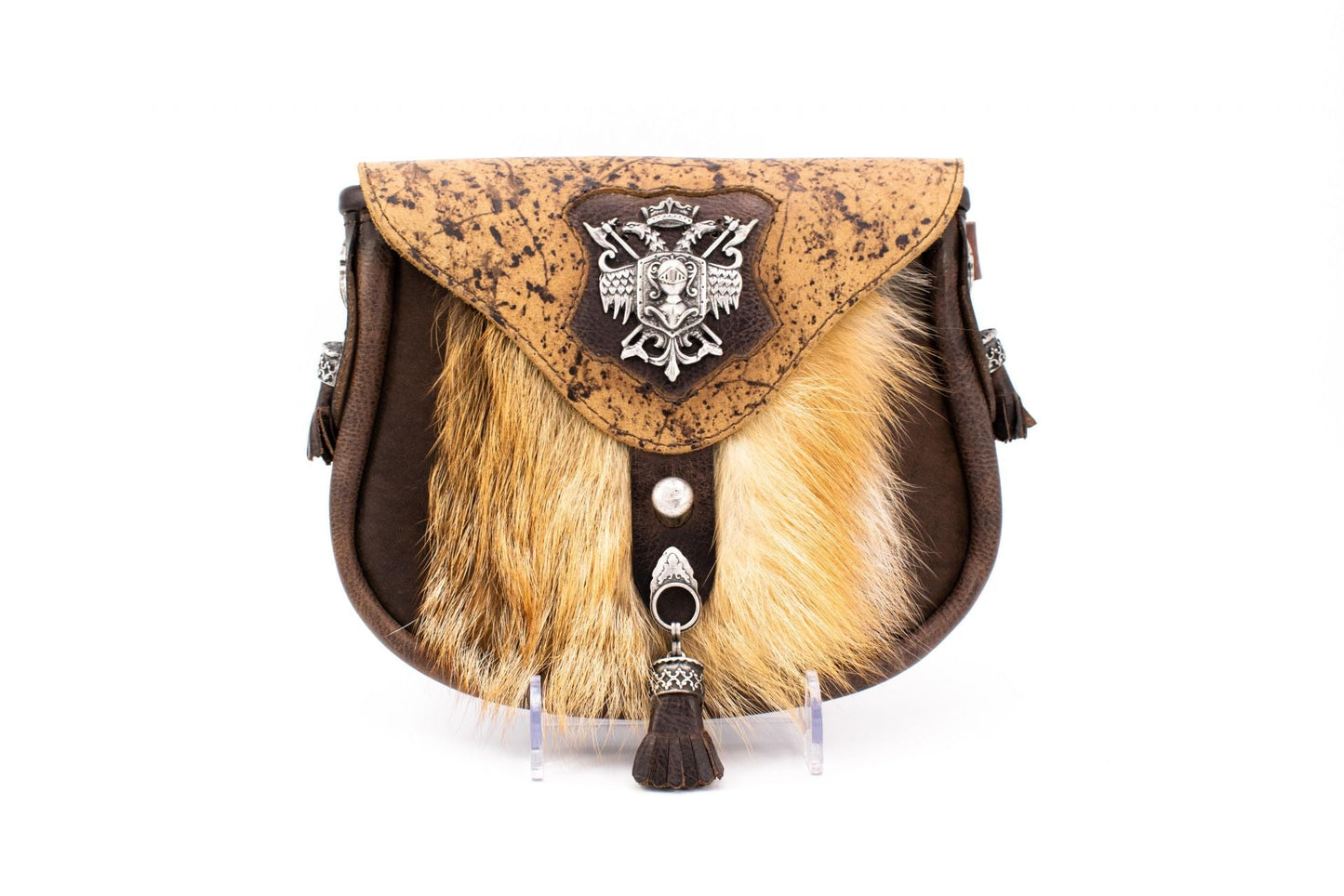 Austrian Structured Leather Handbag with Full Fox Fur & Shield Crest Appliqué