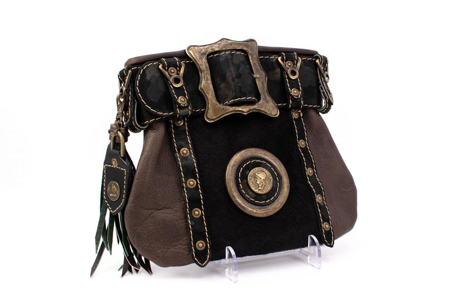 Austrian Leather Kilt Waist Bag with Fur Trim, Lion Appliqué & Coin Element