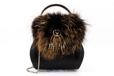 Evening bag in black with dark fur and deer appliqué