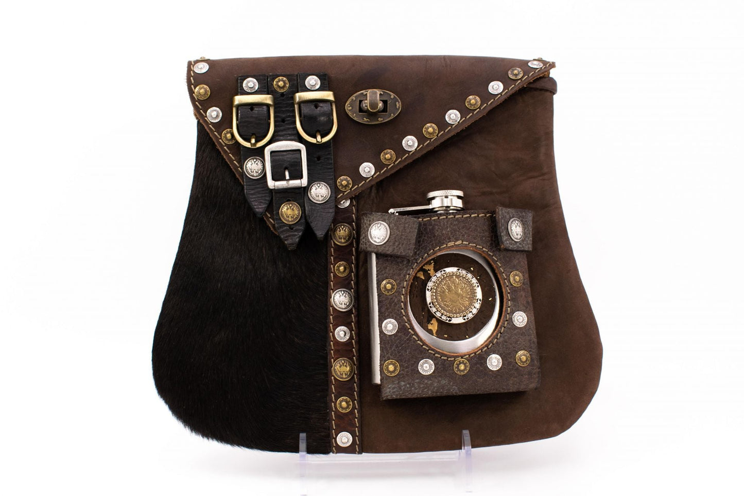 Austrian Leather Kilt Waist Bag with Fur Accent & Integrated Hip Flask