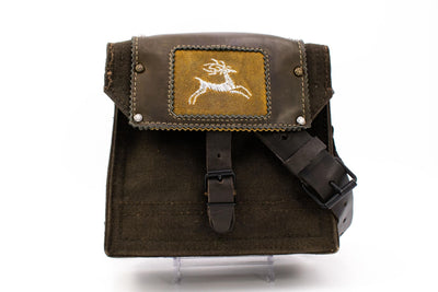 French radio operator's bag in green/brown with "deer" embroidery pattern