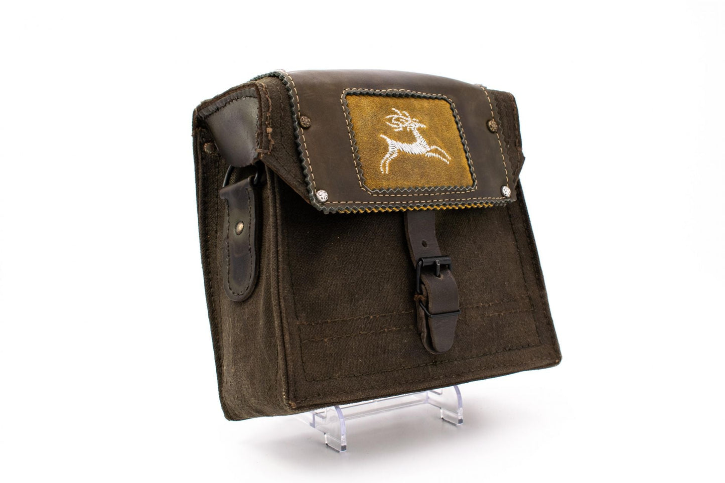 Vintage French Radio Operator Style Shoulder Purse with Traditional "Deer" Embroidery