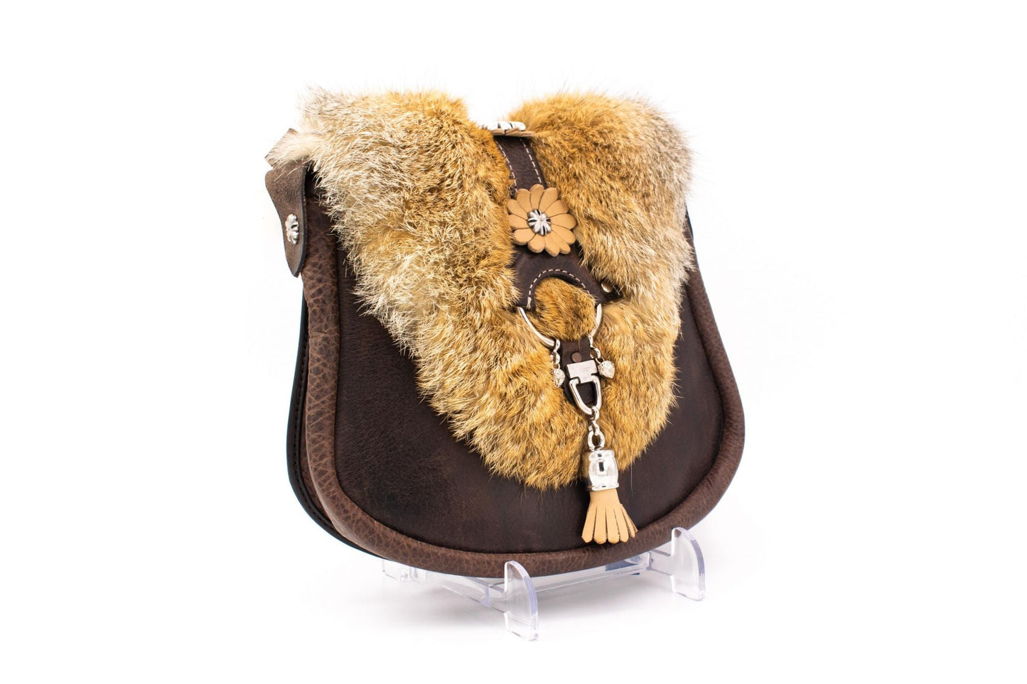 Austrian Structured Leather Handbag with Genuine Fox Fur Collar & Floral Ring Closure