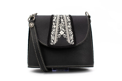 "Opera Binoculars" Black Leather Shoulder Bag with Traditional White Folk Embroidery