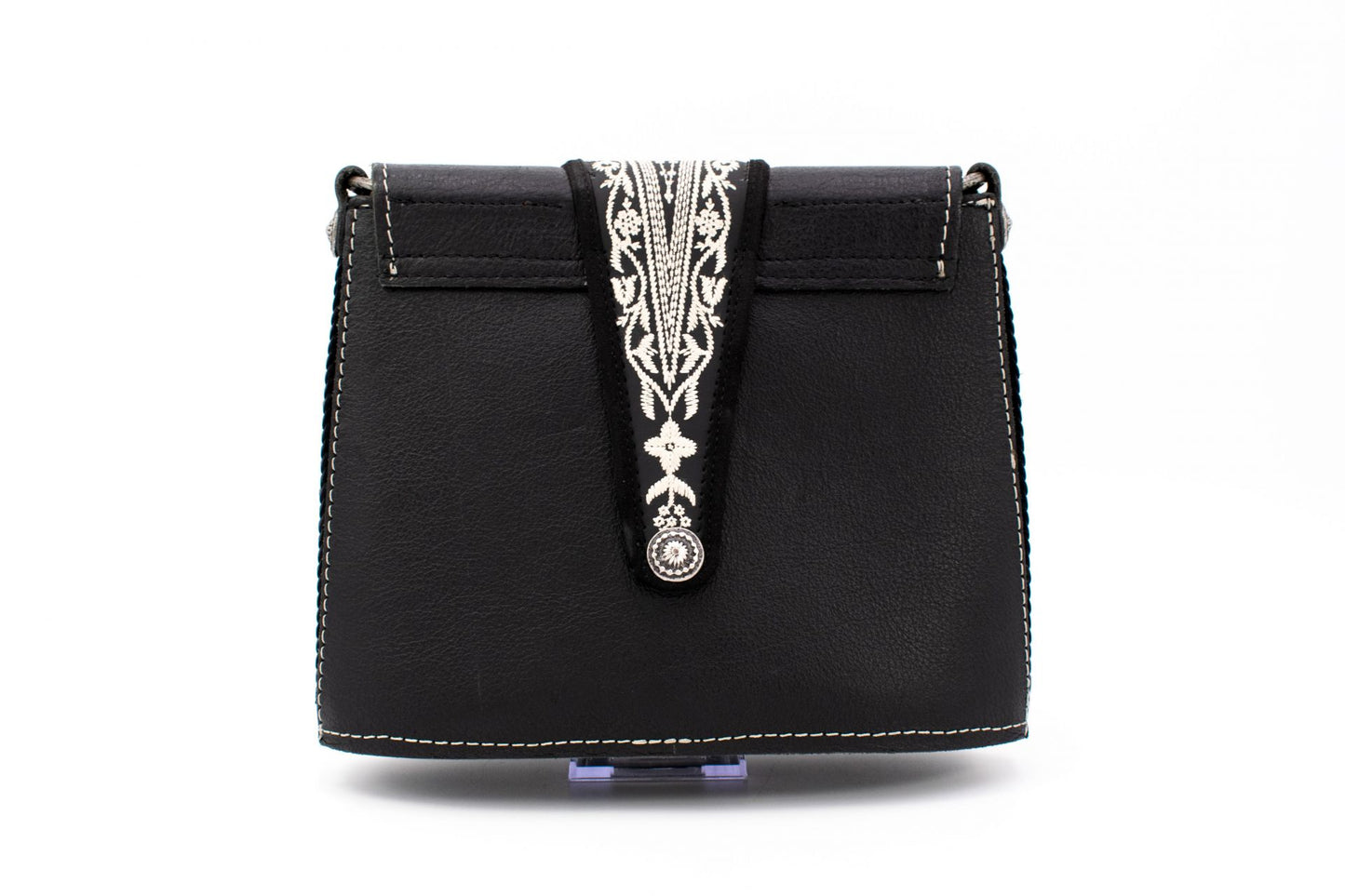 "Opera Binoculars" Black Leather Shoulder Bag with Traditional White Folk Embroidery