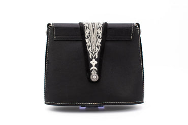"Opera Binoculars" Black Leather Shoulder Bag with Traditional White Folk Embroidery