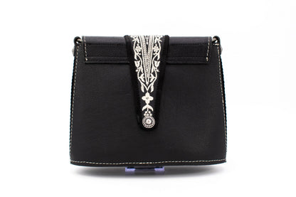 "Opera Binoculars" Black Leather Shoulder Bag with Traditional White Folk Embroidery