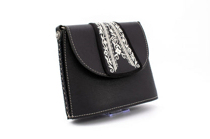 "Opera Binoculars" Black Leather Shoulder Bag with Traditional White Folk Embroidery
