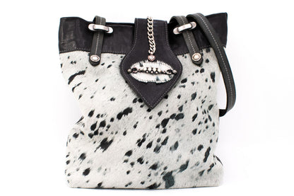 Sima Black & White Genuine Cowhide Shopper Tote Bag with Ornate Rhinestone Leather Pendant
