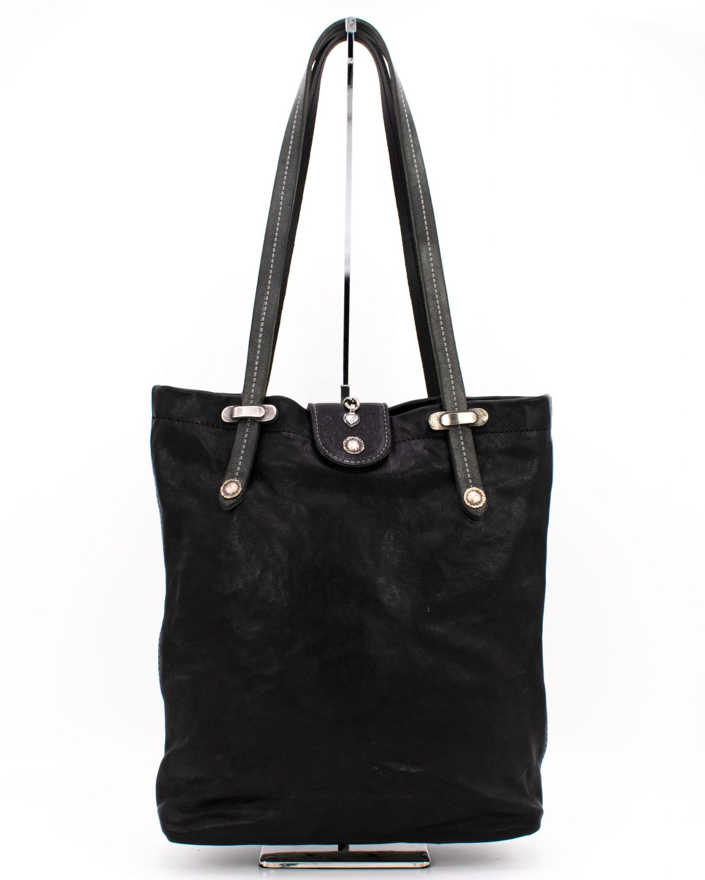 Sima Black & White Genuine Cowhide Shopper Tote Bag with Ornate Rhinestone Leather Pendant