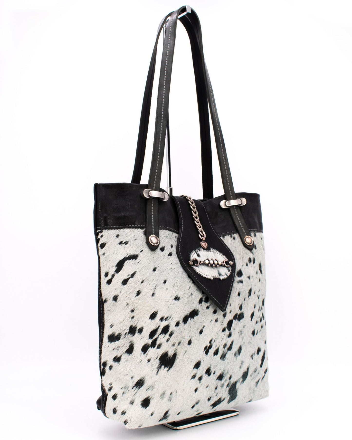 Sima Black & White Genuine Cowhide Shopper Tote Bag with Ornate Rhinestone Leather Pendant