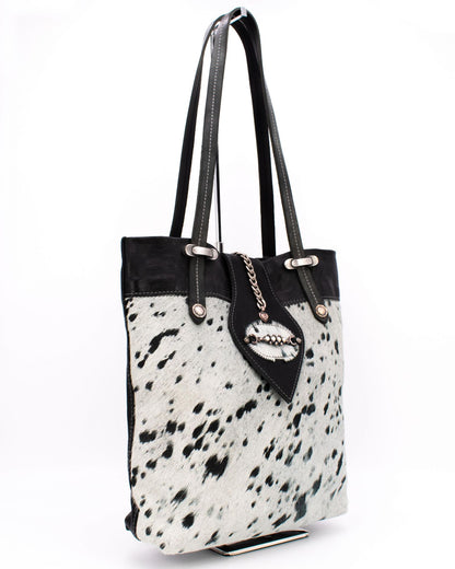 Sima Black & White Genuine Cowhide Shopper Tote Bag with Ornate Rhinestone Leather Pendant