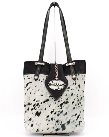 Sima Black & White Genuine Cowhide Shopper Tote Bag with Ornate Rhinestone Leather Pendant