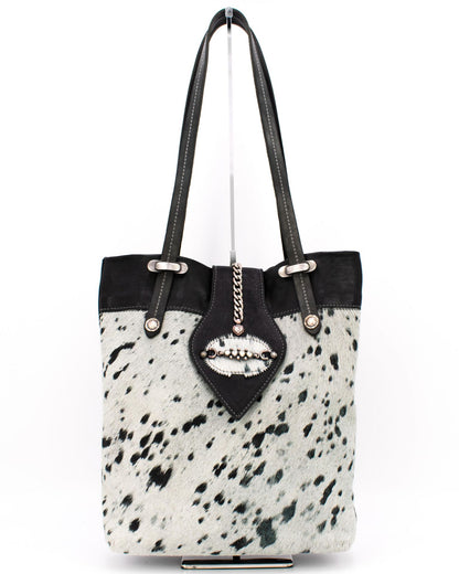 Sima Black & White Genuine Cowhide Shopper Tote Bag with Ornate Rhinestone Leather Pendant