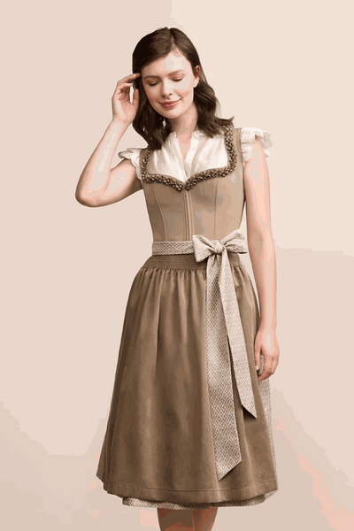Kruger Long Dirndl "Anica" beige, 70cm, stylish design, knee-length skirt, ornate ornaments.