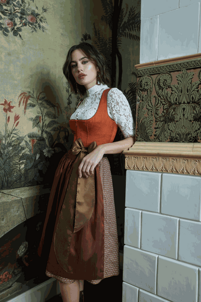 Kruger Long Dirndl "Isa" in orange, elegant design with lace blouse and brown apron, 70cm length.