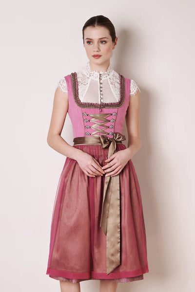 Fuchsia red Kruger Midi Dirndl with double-layered apron and tiered neckline detailing.