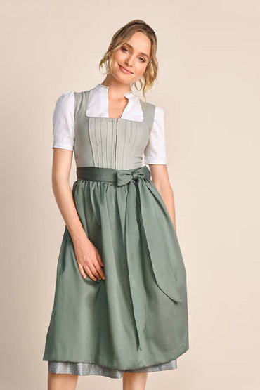 Kruger Long Dirndl "Margit" in sage with sweetheart neckline and ornamental skirt.