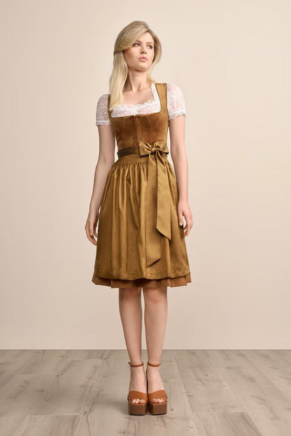 Kruger Midi Dirndl Suzanne in brown, sleeveless with a sweetheart neckline, 60cm skirt, and velvet bodice.